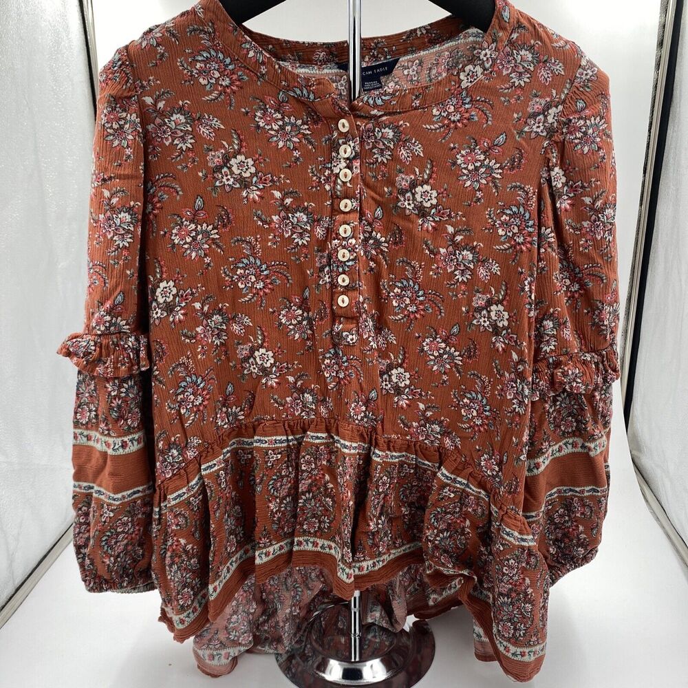 Womens Size M American Eagle Floral Print Rust Orange Boho Prairie Top